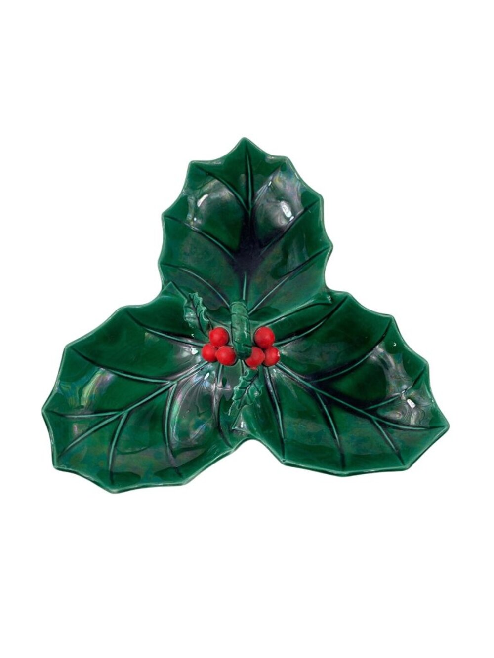 Lefton Holly Divided Relish Serving Dish Green 1351 Vintage 1970s